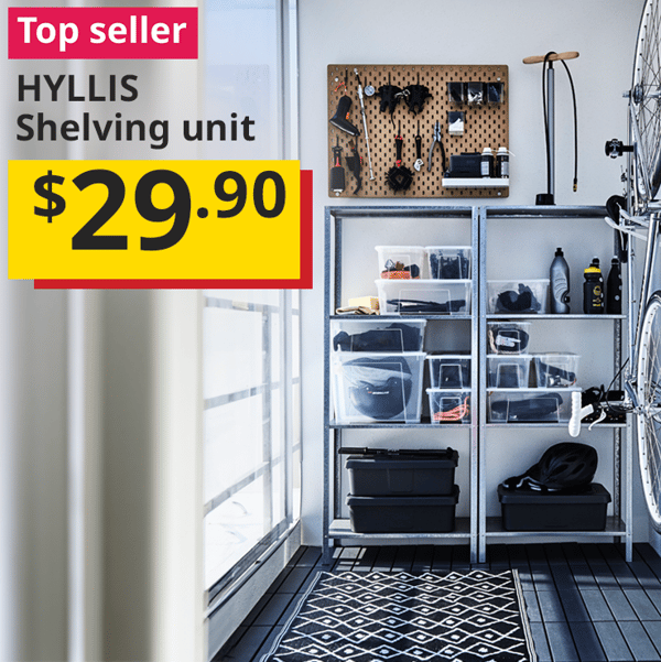 A HYLLIS shelving unit is filled with several transparent SAMLA boxes and a wood SKÅDIS pegboard sits on top of the shelf. A red "Top seller" label is on the top left of image, with black text below that reads: HYLLIS, Shelving unit. $29.90