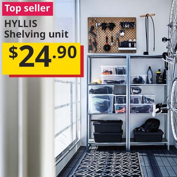 A HYLLIS shelving unit is filled with several transparent SAMLA boxes and a wood SKÅDIS pegboard sits on top of the shelf. A red "Top seller" label is on the top left of image, with black text below that reads: HYLLIS, Shelving unit. $24.90