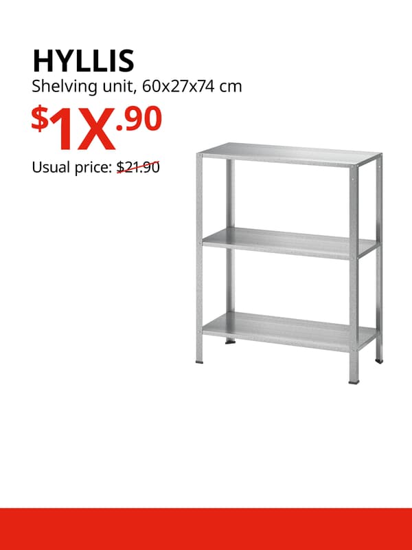 A HYLLIS shelving unit on a white background with black text that reads "HYLLIS, Shelving unit, 60x27x74 cm, Usual price: $21.90", price in red text that reads "$1X.90".