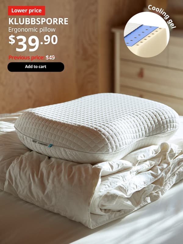 A image of KLUBBSPORRE ergonomic pillow on a neatly folded duvet placed on a bed. On top right corner, product benefit is highlighted, a image of KLUBBSPORRE cooling gel. Text on image reads, KLUBBSPORRE, Ergonomic pillow, side/back sleeper. Price at $39.90, Previous price $49.90.