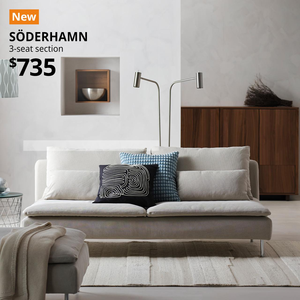 A Kelinge beige 3-seat section SÖDERHAMN sofa in a living room setting. An orange "NEW" label is displayed in the top left corner of the image, featuring white text that reads: "SÖDERHAMN, 3-seat section, $735".