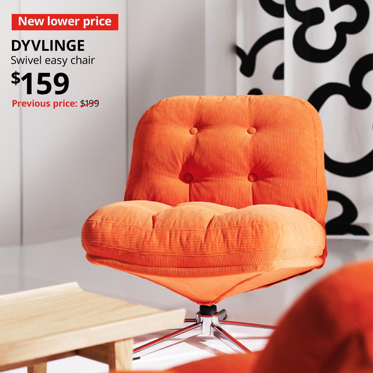 A kelinge orange DYVLINGE swivel easy chair in a living room setting. A red "New lower price" label is on the top left of the image with black text that reads: DYVLINGE, Swivel easy chair, $159. Previous price with red slash $199.