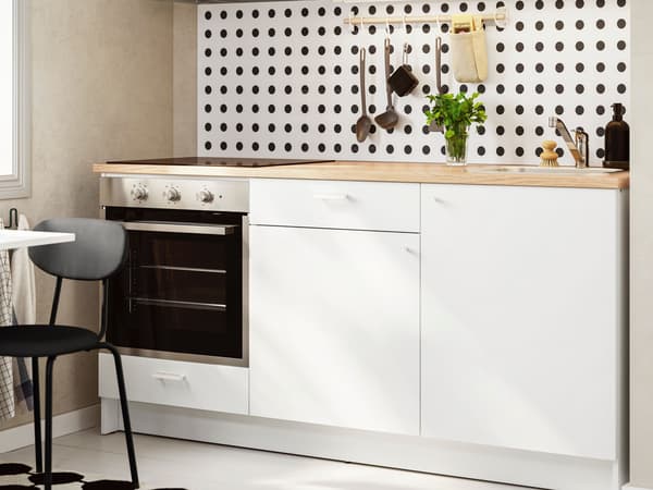 A kitchen features a white KNOXHULT corner unit, with a patterned backsplash and various kitchen tools arranged neatly.