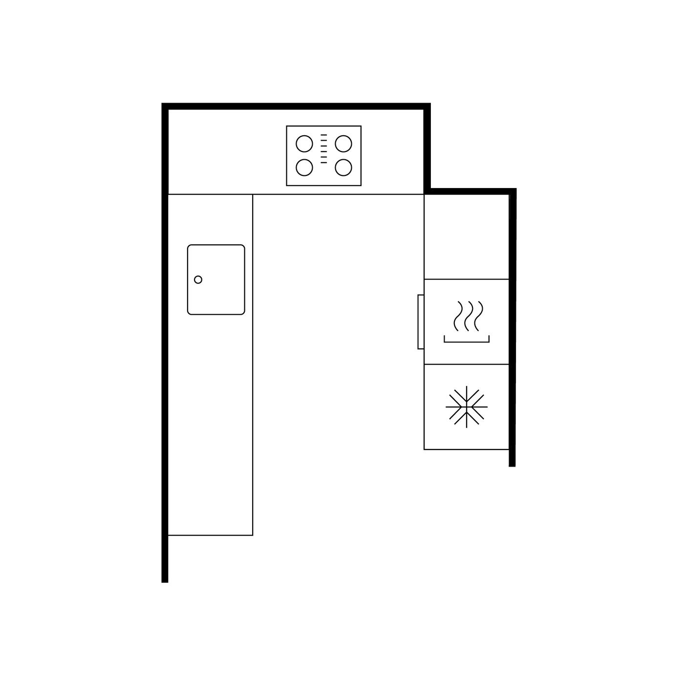 A kitchen floor plan of a U-shaped layout.