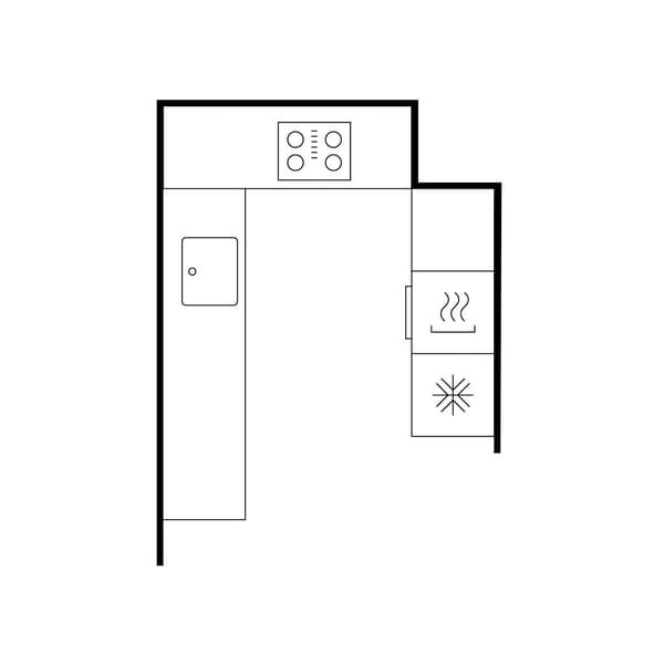 A kitchen floor plan of a U-shaped layout.