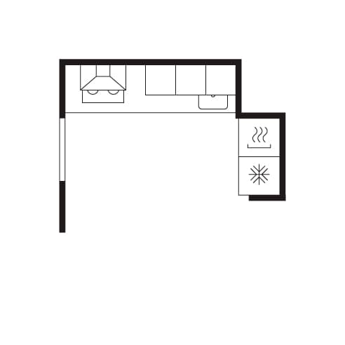 A kitchen floor plan of an L-shaped kitchen.