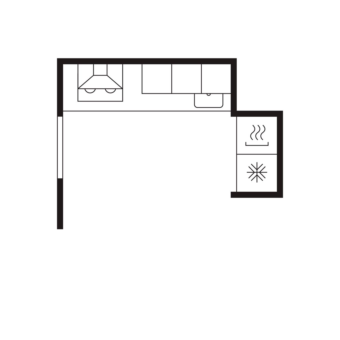 A kitchen floor plan of an L-shaped kitchen.