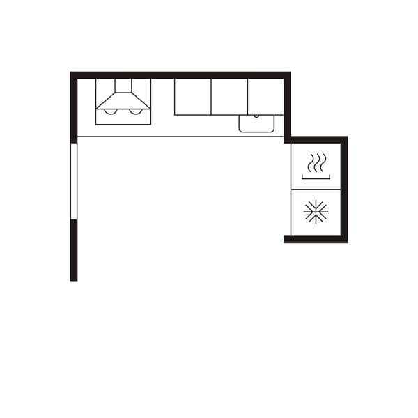 A kitchen floor plan of an L-shaped kitchen.