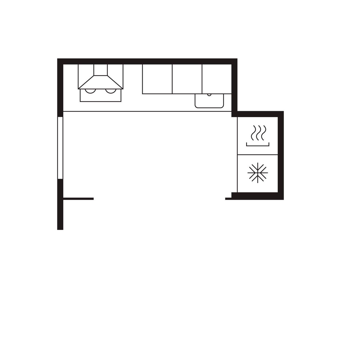 A kitchen floor plan of an L-shaped kitchen.