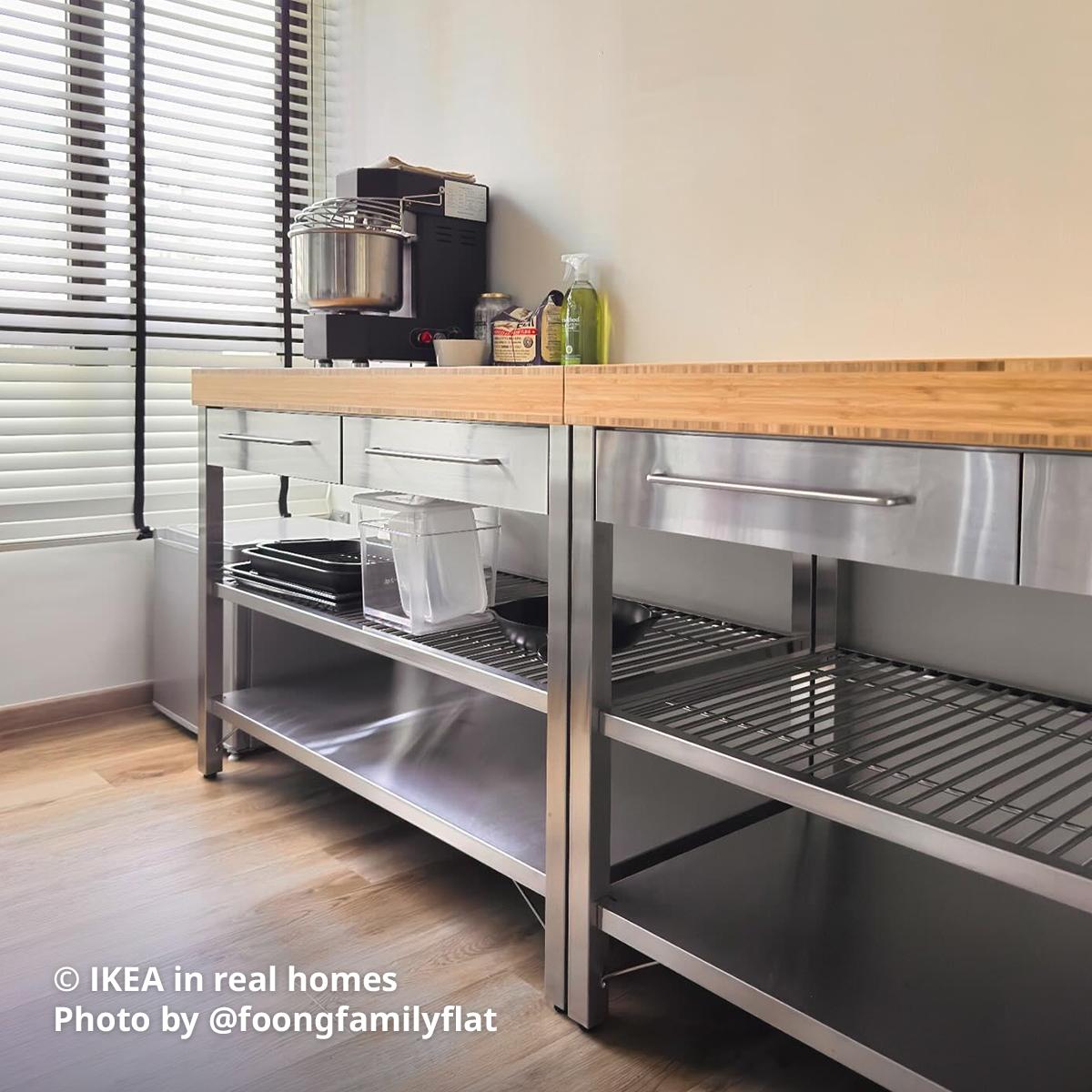 A kitchen setting - Featuring a RIMFORSA work bench with bamboo top and stainless steel structure being used in @foongfamilyflat dedicated storage for his baking needs. Photo by instagrammer @foongfamilyflat IKEA in real homes ©
