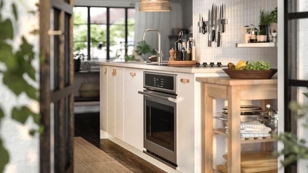 A kitchen showing a range oven.