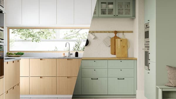 A kitchen with FORSBACKA fronts in oak veneer, including a glass-door cabinet with various kitchen items in it.