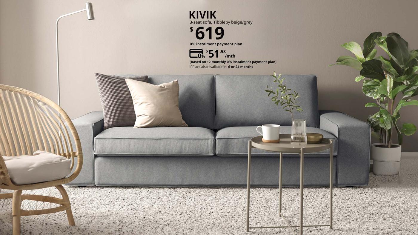 A KIVIK sofa priced at $619 but now can be paid for $51.58 per month for 12 months