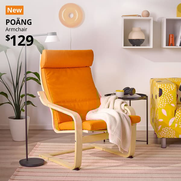 A knisa bright orange POÄNG armchair in a living room setting. An orange "NEW" label is on the top left of the image with black text that reads: POÄNG, Armchair, $129.