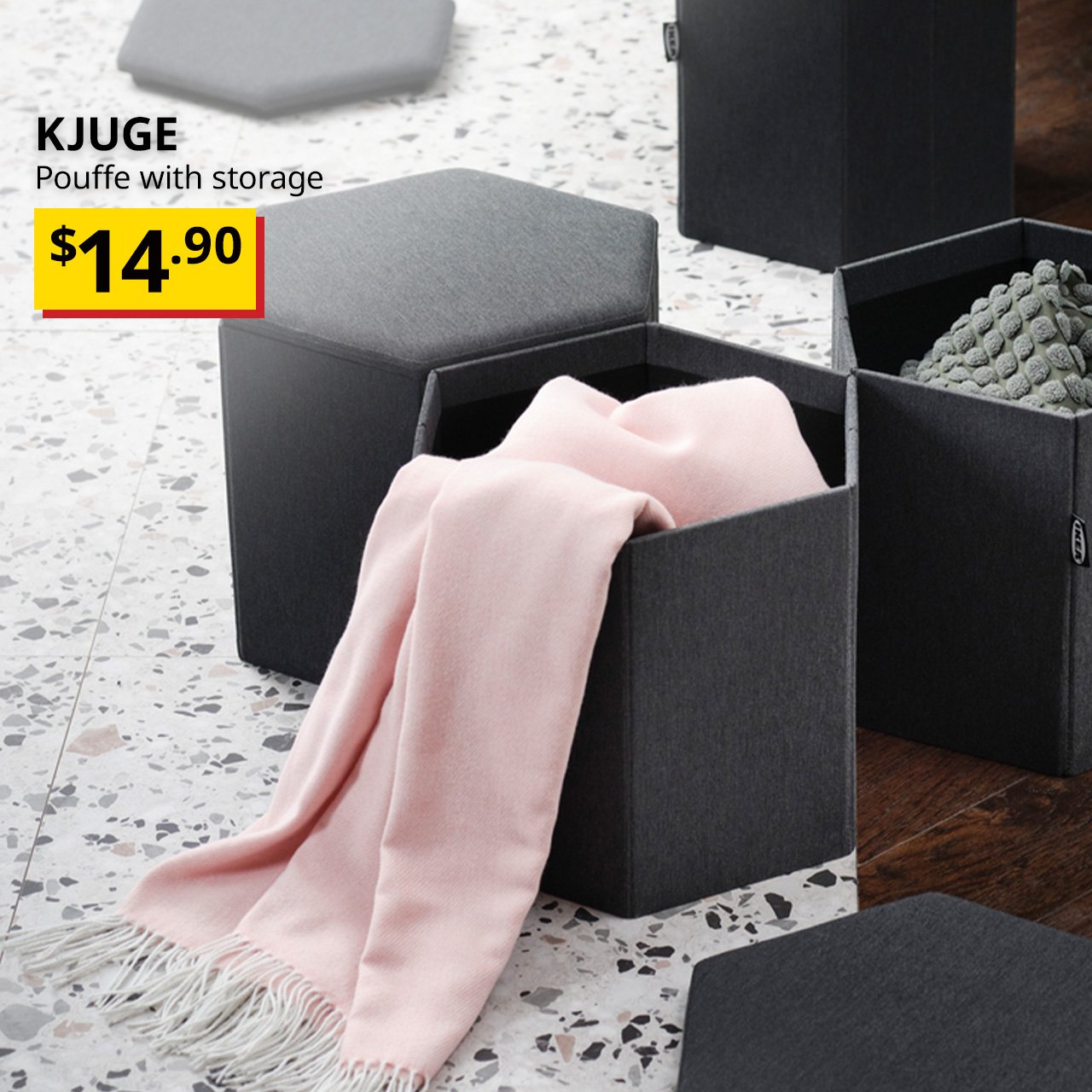 A knisa dark grey KJUGE pouffe with storage. On the top left of the image with white text over image that reads "KJUGE, Pouffe with storage" BTI Price: $1.