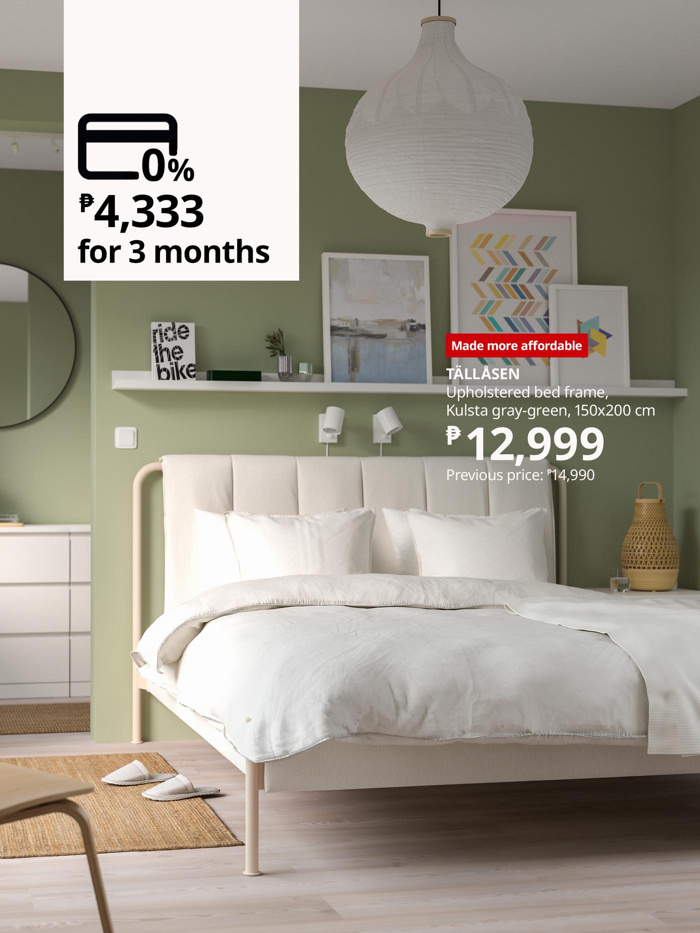 A Kulsta light beige TÄLLÅSEN upholstered bed frame in the bedroom