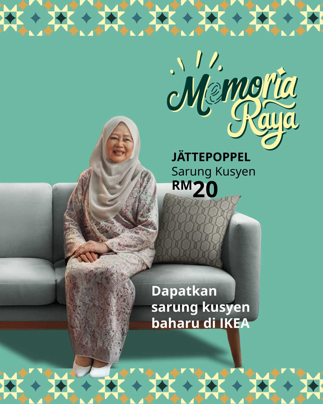 A lady is sitting on a sofa, next to her is a JÄTTEPOPPEL Cushion cover in green/grey, price at RM20