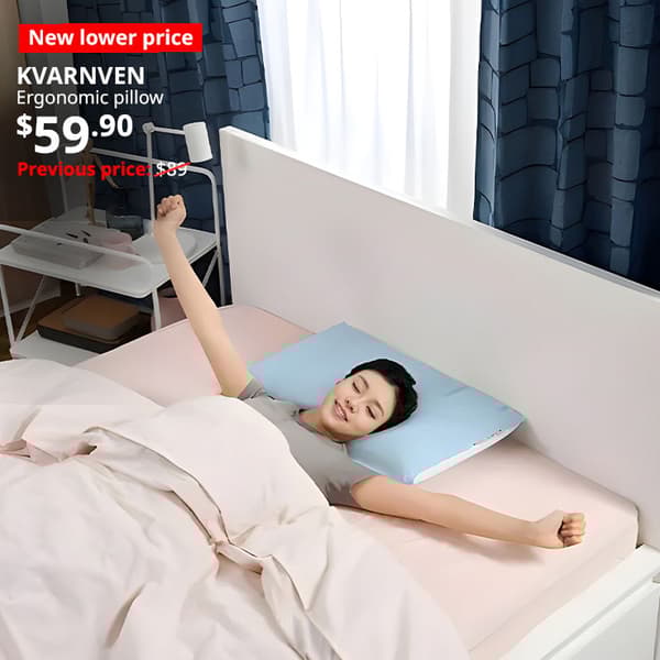 A lady stretching her arms and sleeping on a KVARNVEN ergonomic cooling pillow. New lower price tag. KVARNVEN, ergonomic pillow. $59.90. Previous price $89 with red slash. 