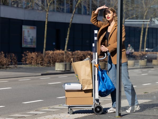 A lady walking through the city with a borrowed trolley full of IKEA products.
