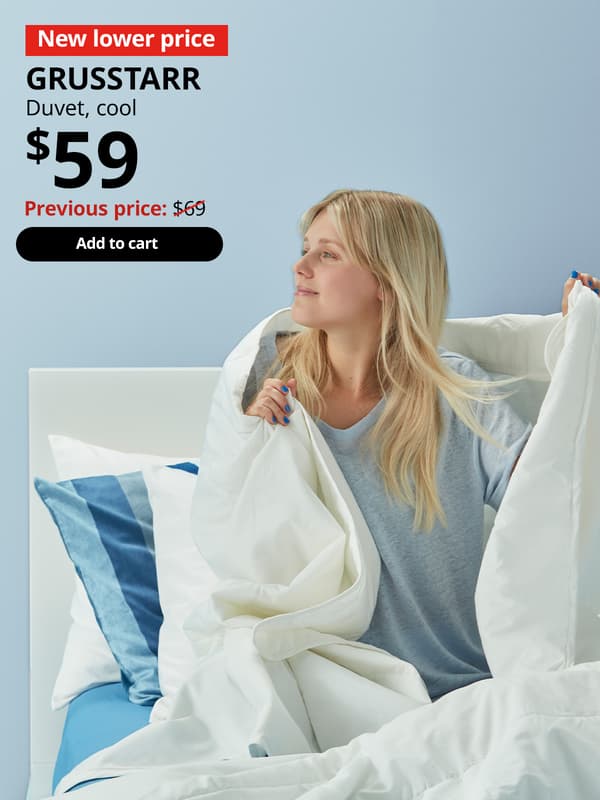 A lady wrapping herself up with a white GRUSSTARR duvet in a bedroom setting. On top right corner, product benefit is highlighted, a image of GRUSSTARR lyocell & cotton blend. Text on image reads, GRUSSTARR, Duvet, cool. Price at $49.90. Previous price $69.