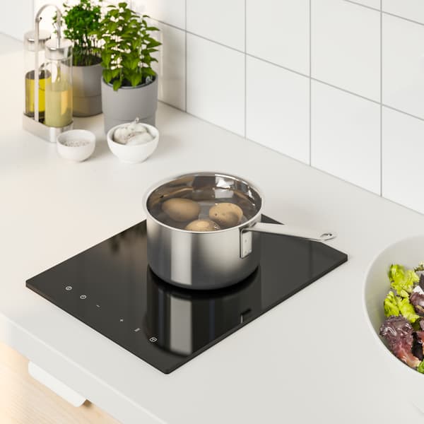 A LAGAN induction hob, plug-in in black, with a pot of potatoes and two plants in plant pots.