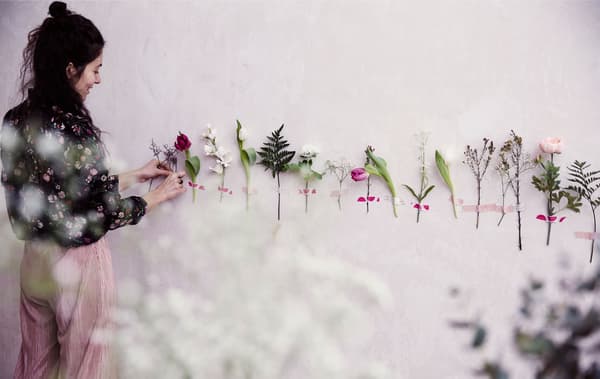 À l'aide de ruban adhésif, Julia colle des fleurs sur un mur blanc.