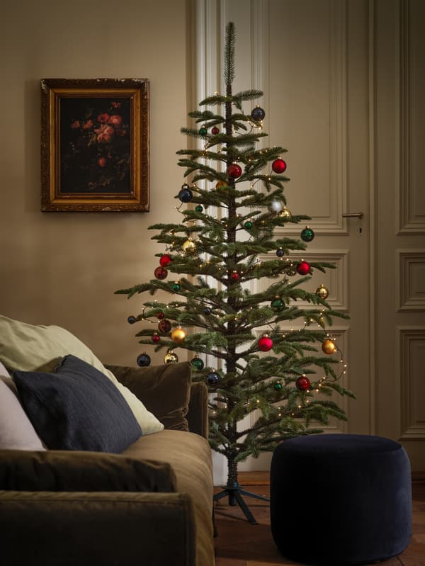 A large Christmas tree stands in a traditional-looking living room, its branches decorated with bright-coloured baubles.