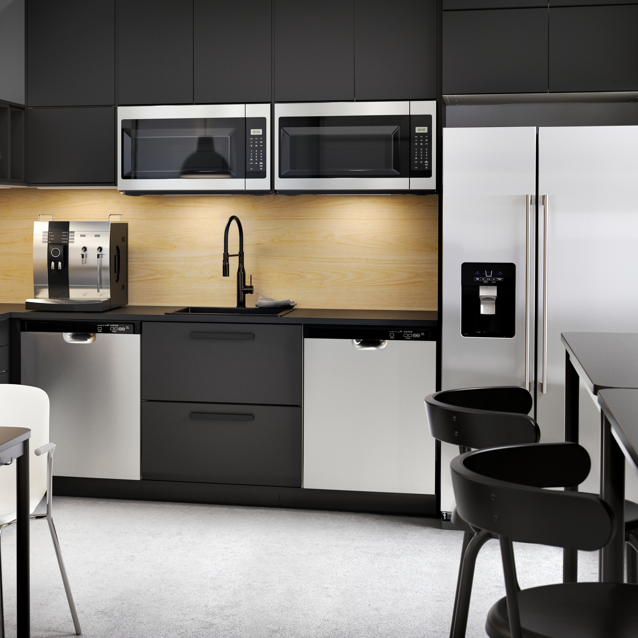 A large kitchen in dark elegant fronts and groups of tables with chairs, one in dark colours and one with white chairs.