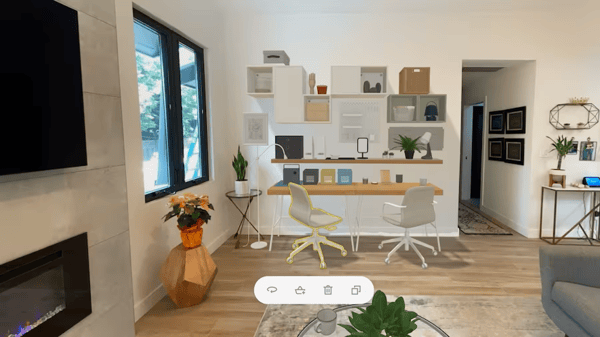 A large open concept home office being designed using the IKEA Kreativ AR tool