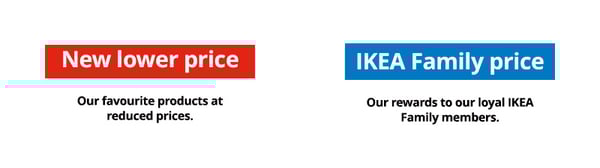 A legend explaining the following communication on the IKEA Singapore Swedish Restaurant page. First, a red tag with white text that reads 'New lower price', followed by black text that reads 