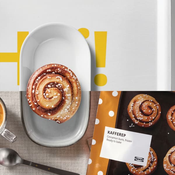 A lifestyle shot from top angle of a plate of cinnamon bun merge smoothly with a plate of baked KAFFEREP cinnamon bun.