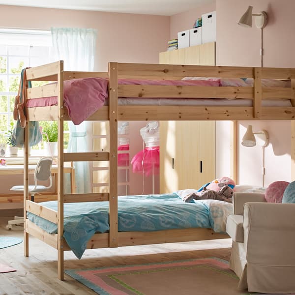 A light, airy kids' room with a Scandinavian feeling and a MYDAL bunk bed in natural, untreated, solid pine.