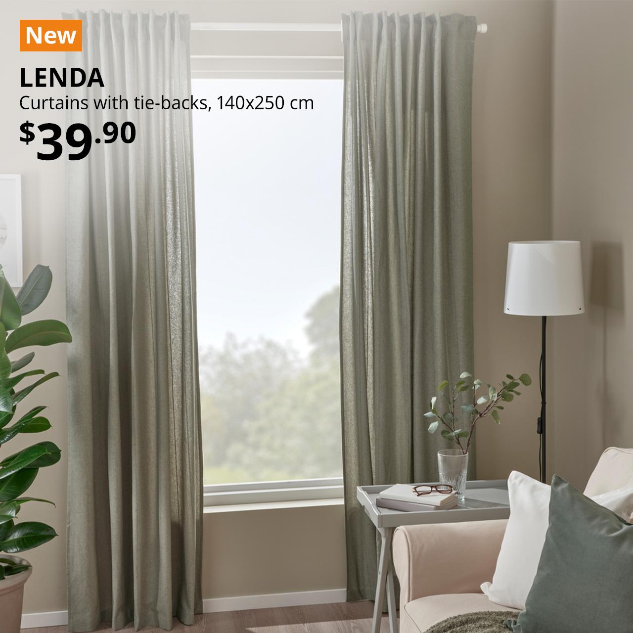 A light grey-green LENDA curtains with tie-backs hung in the living room setting. An orange tag with white text that reads, "New". Followed by black text overlay image that reads, "LENDA, Curtains with tie-backs, 140x250 cm, $39.90".