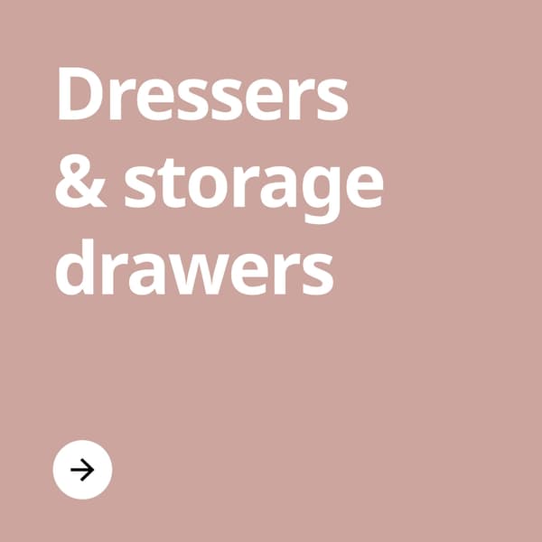 A light pink colored block with the text 'Dressers & storage drawers' on it.