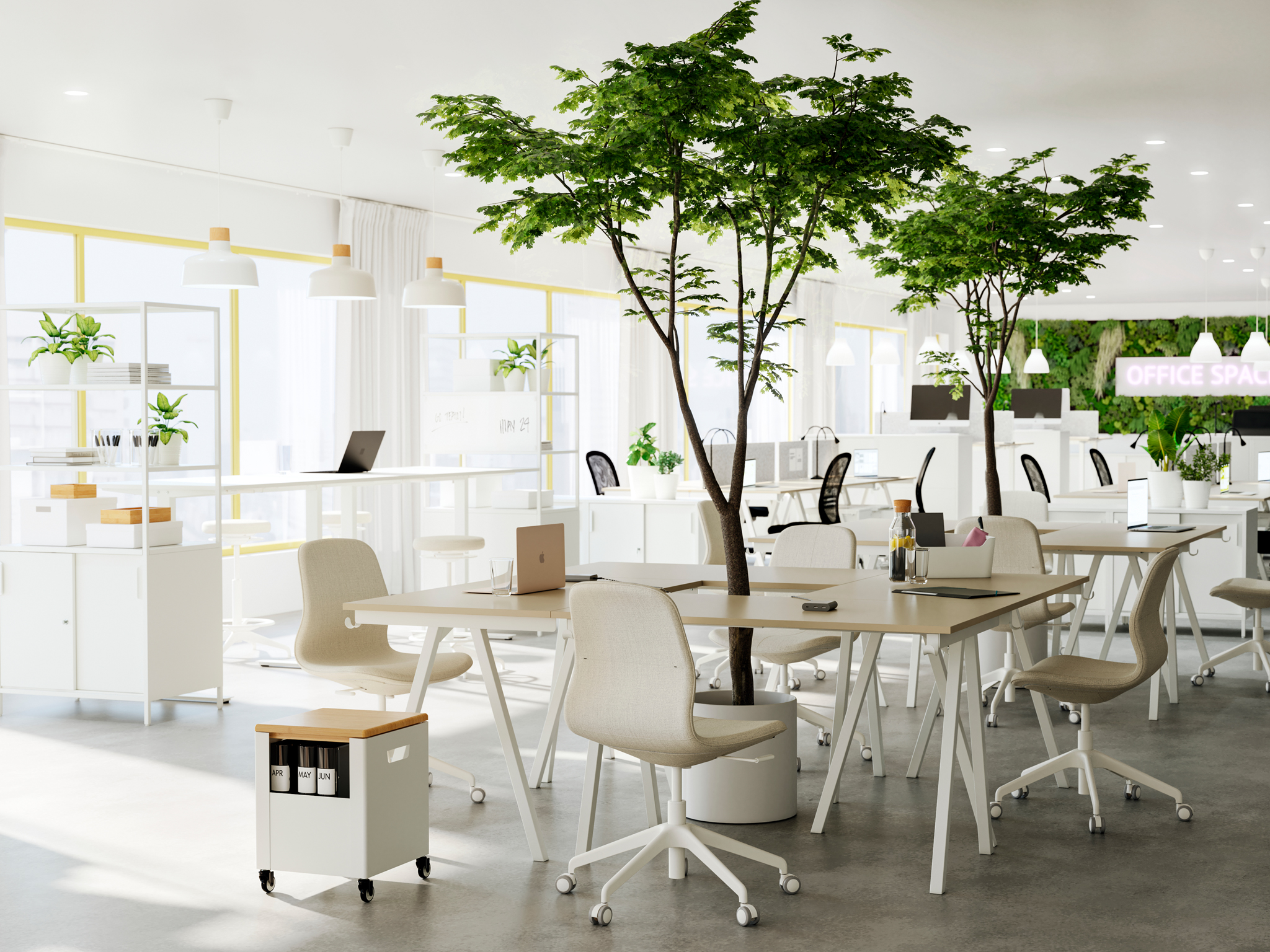 A light, spacious office interior with collective workspaces of TROTTEN desks placed around ceiling-high trees in plant pots.