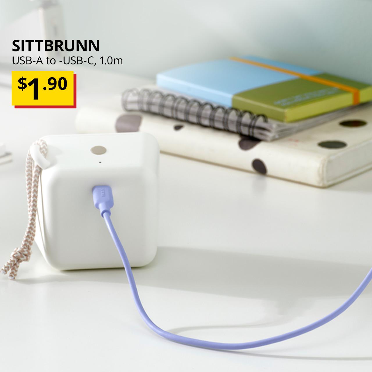 A lilac SITTBRUNN USB-A to USB-C cable is being used to charge a VAPPEBY speaker in white. Black text overlay image that reads 'SITTBRUNN, USB-A to USB-C, 1.0m', followed by breath-taking price tag of '$1.90'.