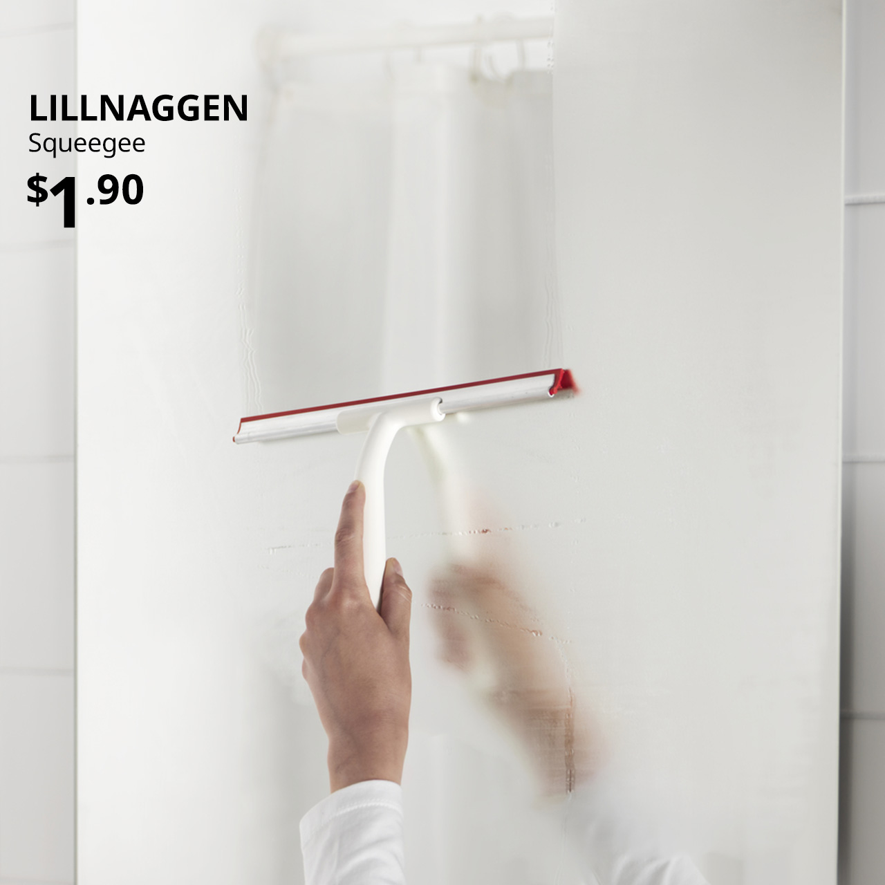 A LILLNAGGEN squeegee is being used to clear up the mist on the bathroom mirror. Text on image reads "LILLNAGGEN. Price at $1.90."