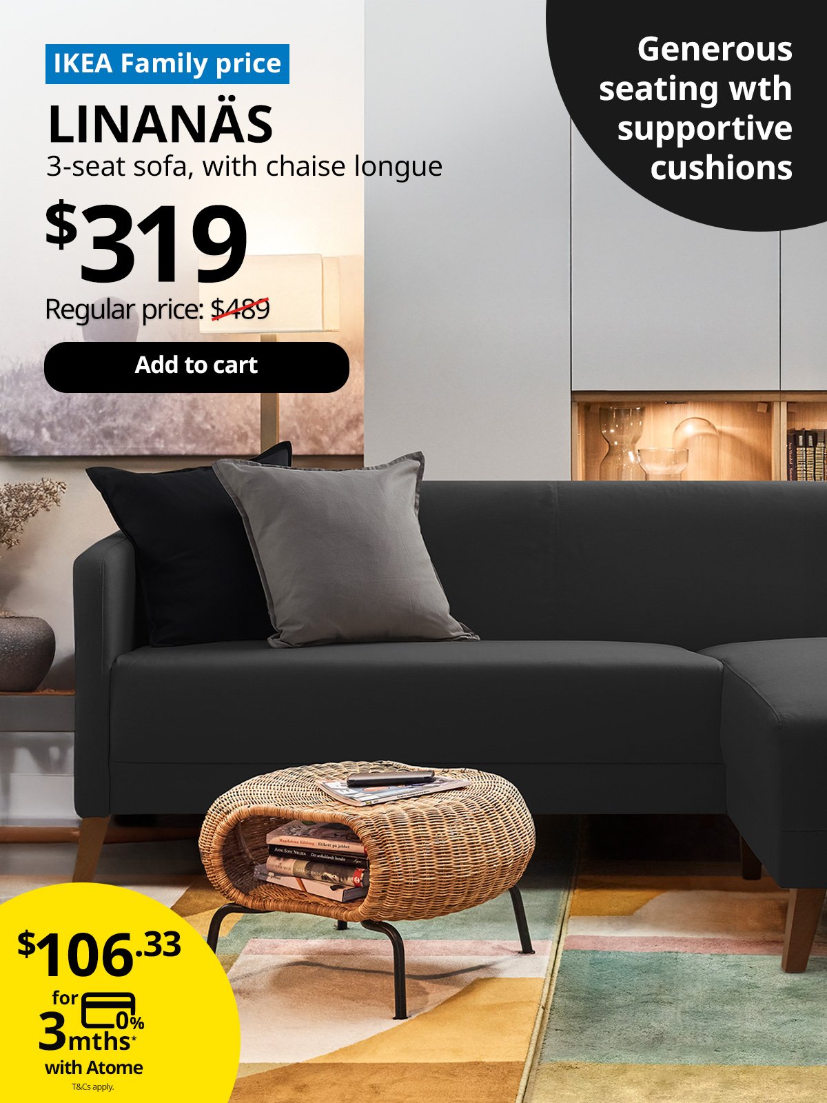 A LINANÄS 3-seat sofa with chaise longue in vissle dark grey in a living room setting. A blue tag with white text that reads "IKEA Family price", followed by black text overlaying the image that reads "LINANÄS, 3-seat sofa, with chaise longue, $319, Regular price $489"