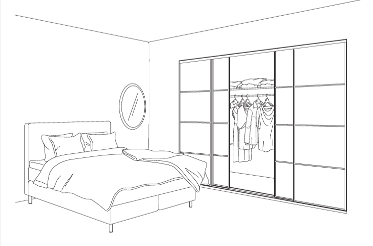 A line drawing of the SKYTTA sliding door system