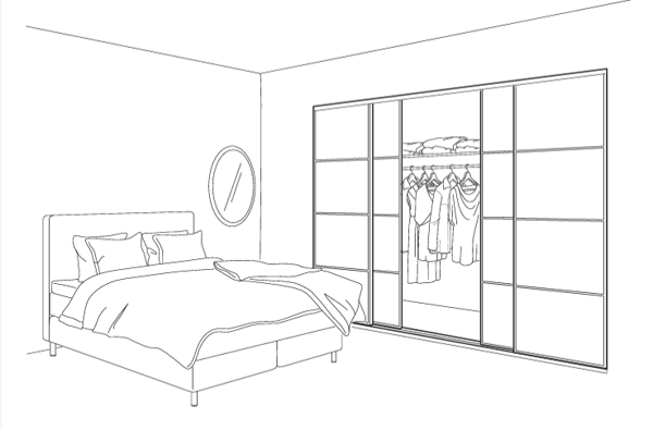 A line drawing of the SKYTTA sliding door system