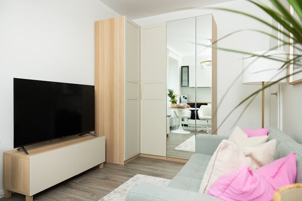 A living area with a TV on a low cabinet, a wardrobe with wooden and mirrored doors, and a sofa with pink pillows.