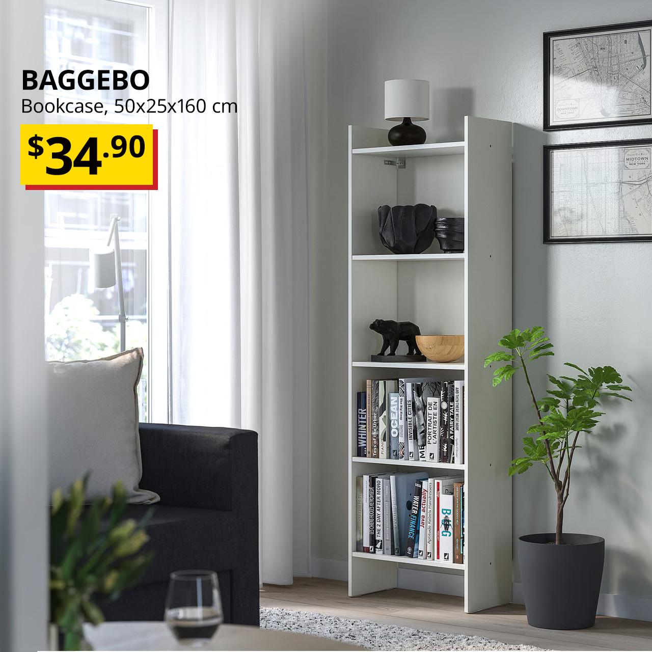 A living room setting featuring a white BAGGEBO bookcase placed next to a potted plant. Black text overlay image on the left that reads, "BAGGEBO, Bookcase, 50x25x160 cm" with the BTI price in yellow/red and black text: $34.90.