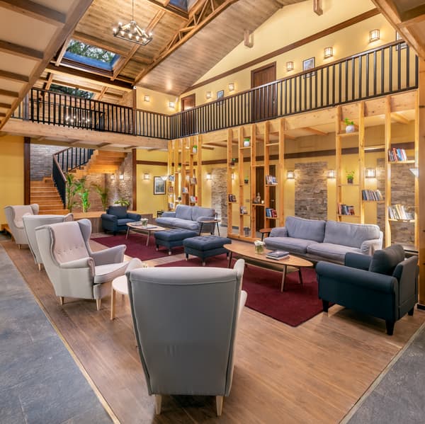 A living room space with coffee area