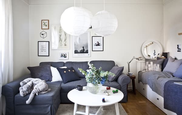 A living room that is also a bedroom