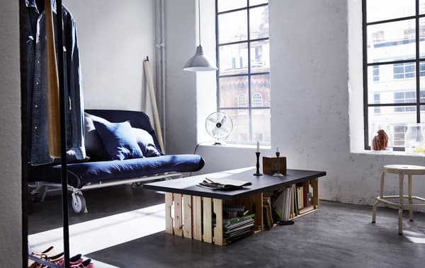A loft-style bedroom and living room in one with a sofa- bed 
