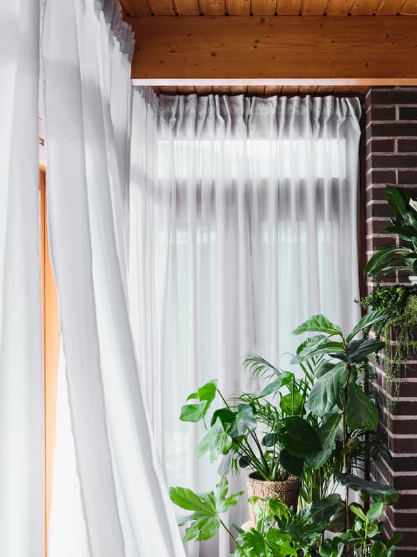 A luz entra por um cortinado GUNRID branco translúcido num quarto repleto de plantas verdes que têm um ar saudável.