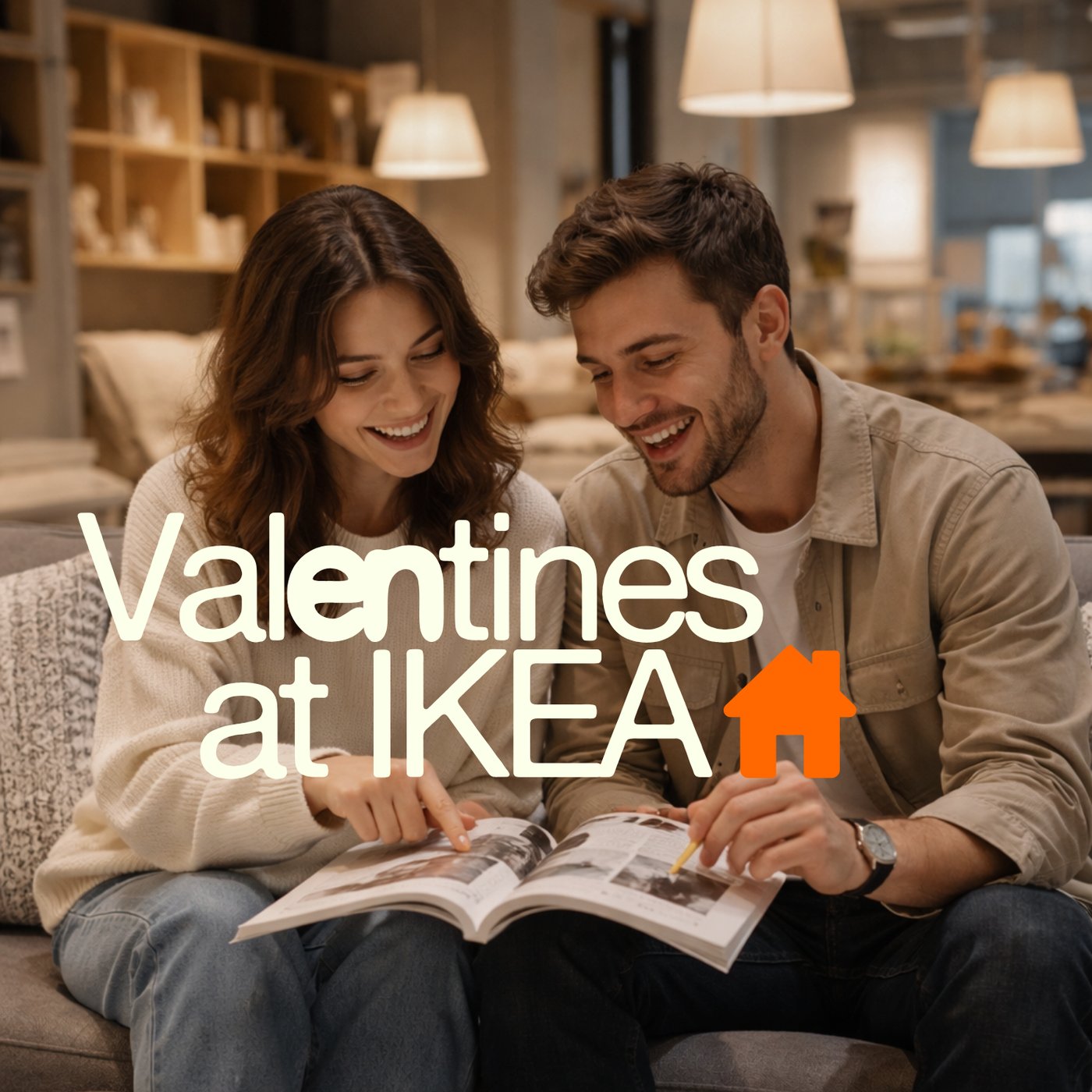 A man and woman are sitting in a room set from IKEA.
