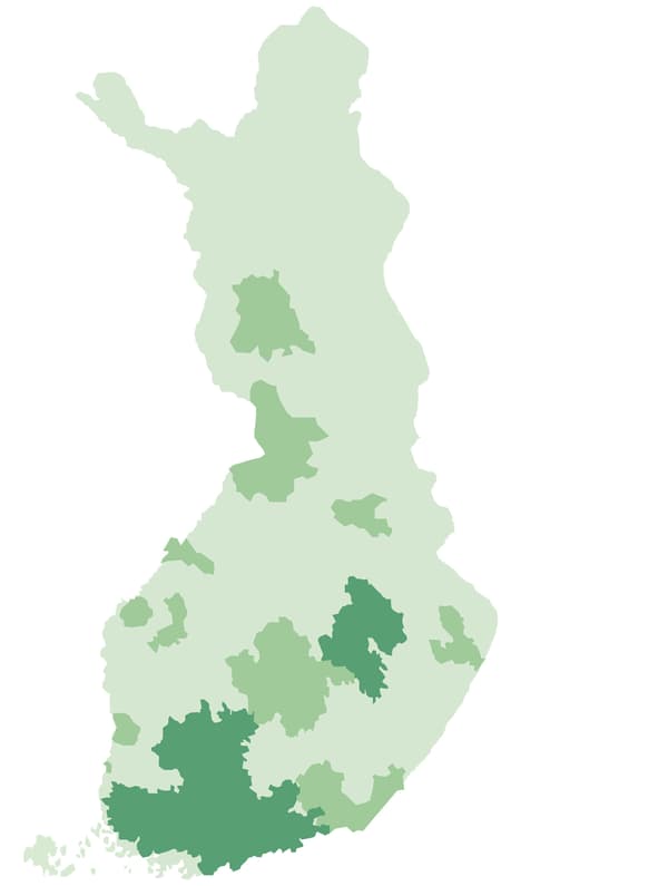 A map of Finland with delivery regions indicated with three shades of green. 