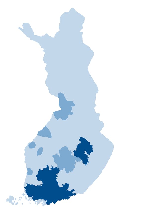 A map of Finland with delivery regions indicated with three shades of blue. 