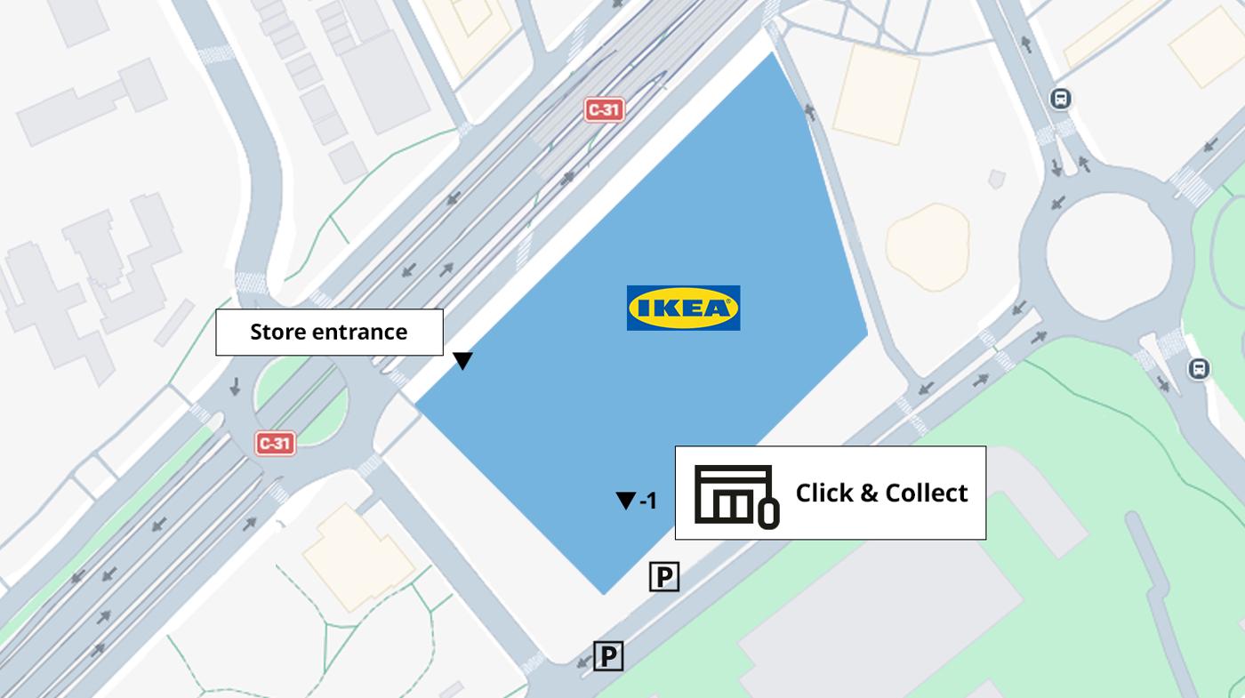 A map of IKEA Gran Via L'Hospitalet, marked with a blue building. It highlights the Click & Collect point and the store entrance.